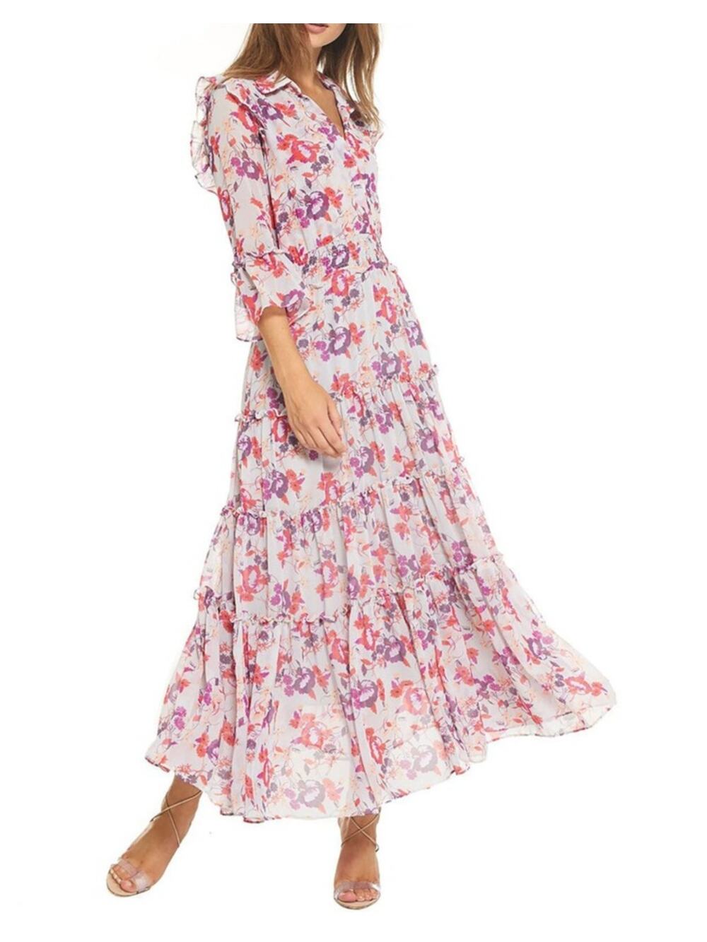 MISA Los Angeles Pamelina 3/4 Sleeve Ruffled Maxi Shirt Dress Lilac Floral XS